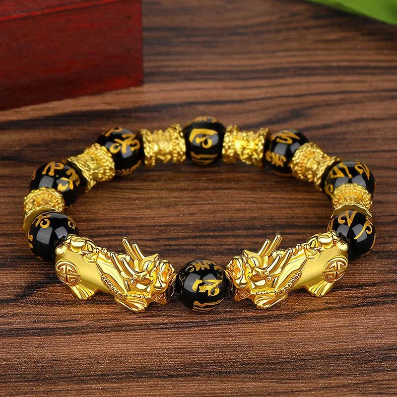 Pixiu Bracelet Feng Shui Obsidian Beaded Golden Pixiu Ornament Lucky Bracelet Ladies Fashion Good Luck Jewelry Wholesale Bulk
