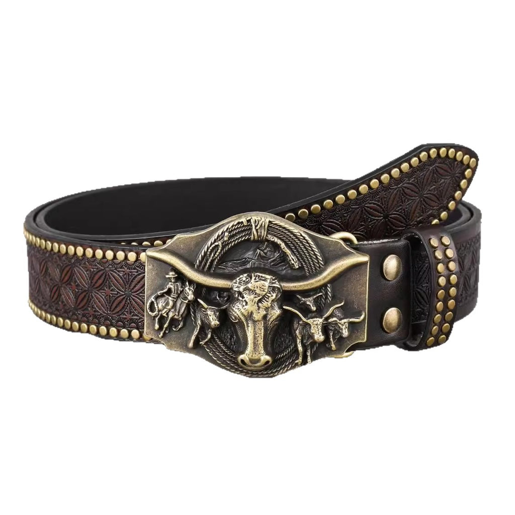 Western Denim Belt Cow Head Harness Trend Retro Youth Punk Embossed Men's Rivet Leather Belt
