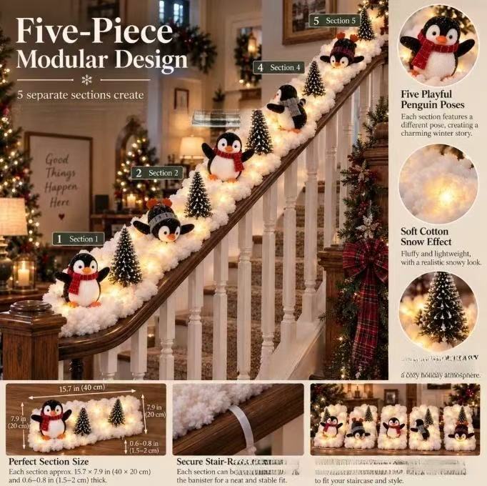 Christmas Decorations Cute Penguin Stair Snow Decor, Holiday Indoor Home Staircase Party Decor Ornaments for Winter Holiday New Year