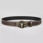 Western Denim Belt Cow Head Harness Trend Retro Youth Punk Embossed Men's Rivet Leather Belt