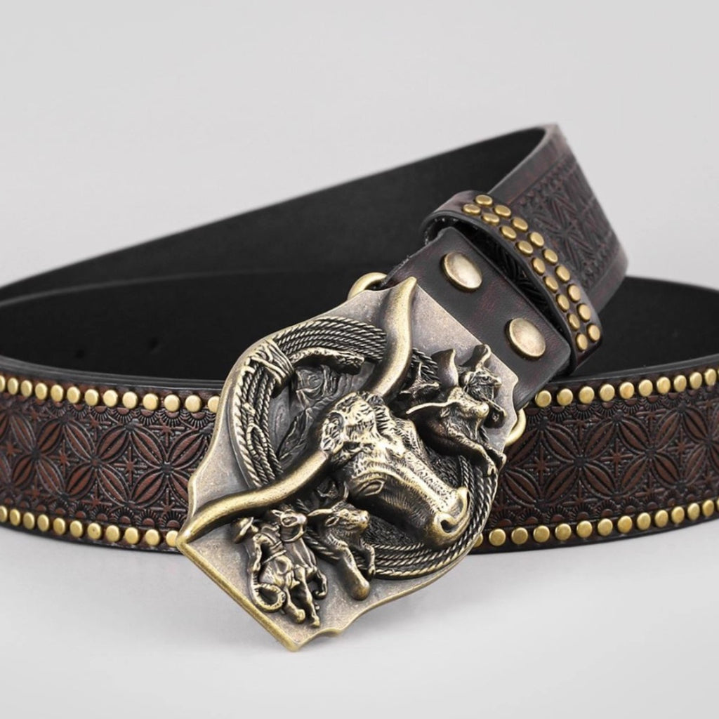 Western Denim Belt Cow Head Harness Trend Retro Youth Punk Embossed Men's Rivet Leather Belt
