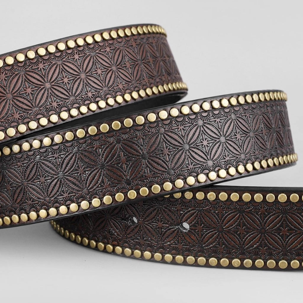 Western Denim Belt Cow Head Harness Trend Retro Youth Punk Embossed Men's Rivet Leather Belt
