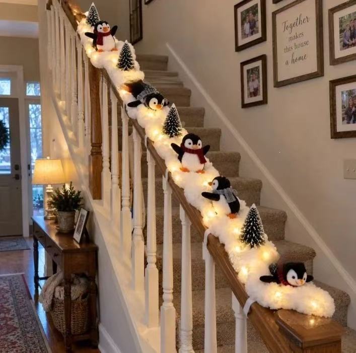 Christmas Decorations Cute Penguin Stair Snow Decor, Holiday Indoor Home Staircase Party Decor Ornaments for Winter Holiday New Year