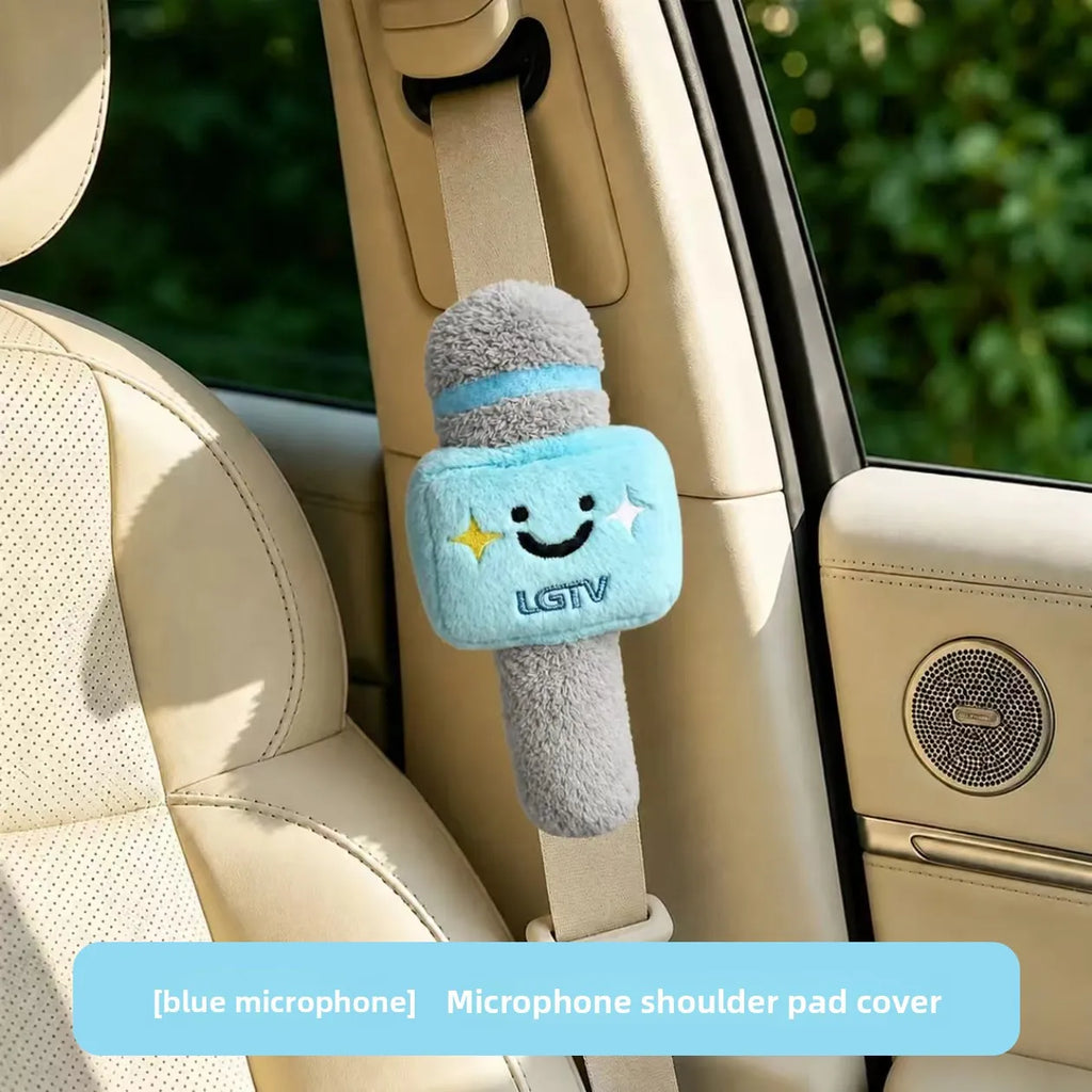 Microphone Plush Seat Belt Shoulder Pad, Cute Cartoon Doll Car Seatbelt Cover, Soft Stuffed Auto Decor Hanging Ornament