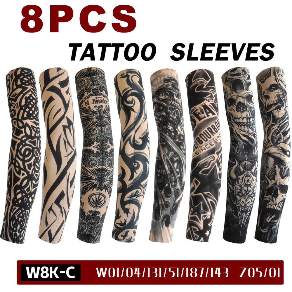 8Pcs Tattoo Sleeves Summer Men Women UV Protection Cooling Sleeves Temporary Full Arm Tattoo Sleeves Driving Fishing Arm Sleeves