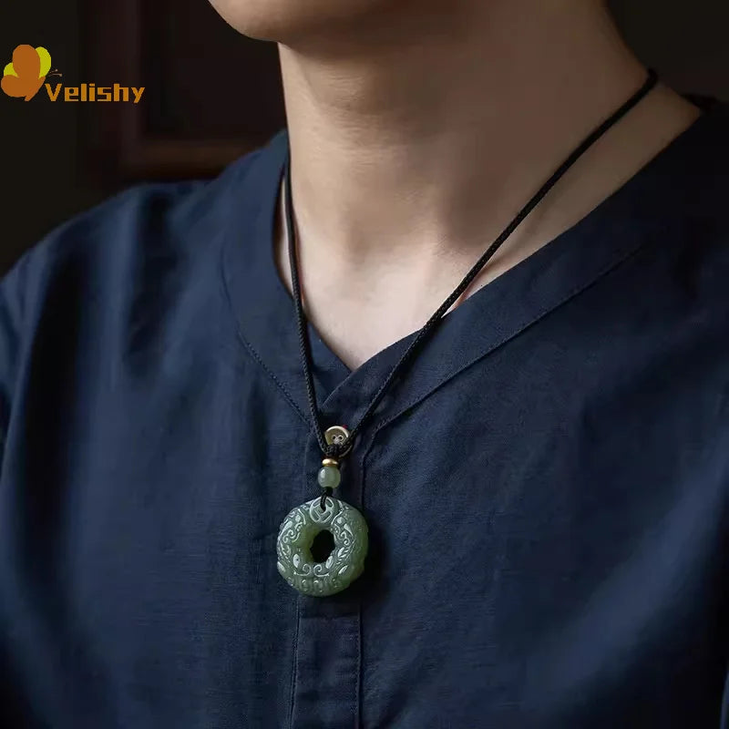 Exquisite Double-sided Carved Jade Safety Buckle Brave Troops Keyring Wealth Transfer Handcrafted Retro Carved Pendant Necklace Secondary image