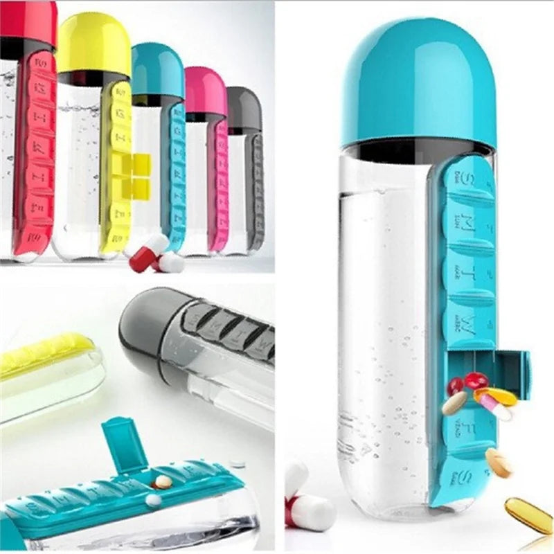 Portable 2 in 1 Medicine Box Water Cup Sports Plastic Water Bottle Combine Daily Pill Boxes Organizer Drinking Bottles Main image
