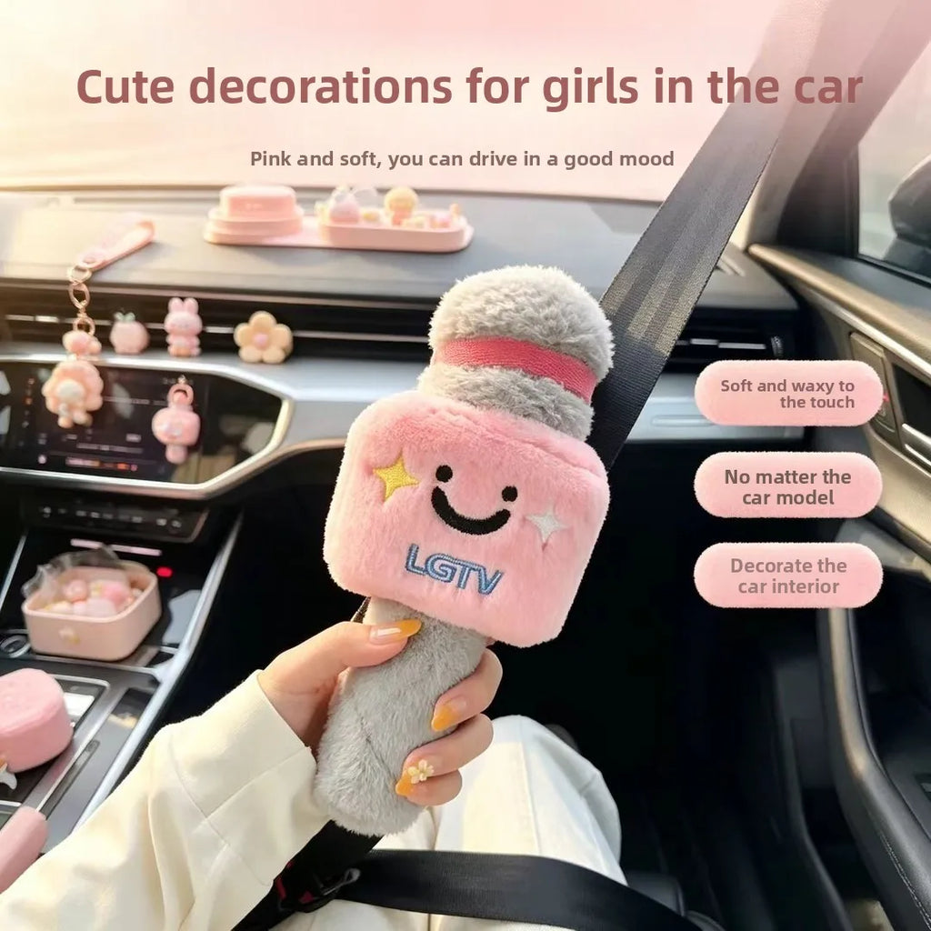 Microphone Plush Seat Belt Shoulder Pad, Cute Cartoon Doll Car Seatbelt Cover, Soft Stuffed Auto Decor Hanging Ornament