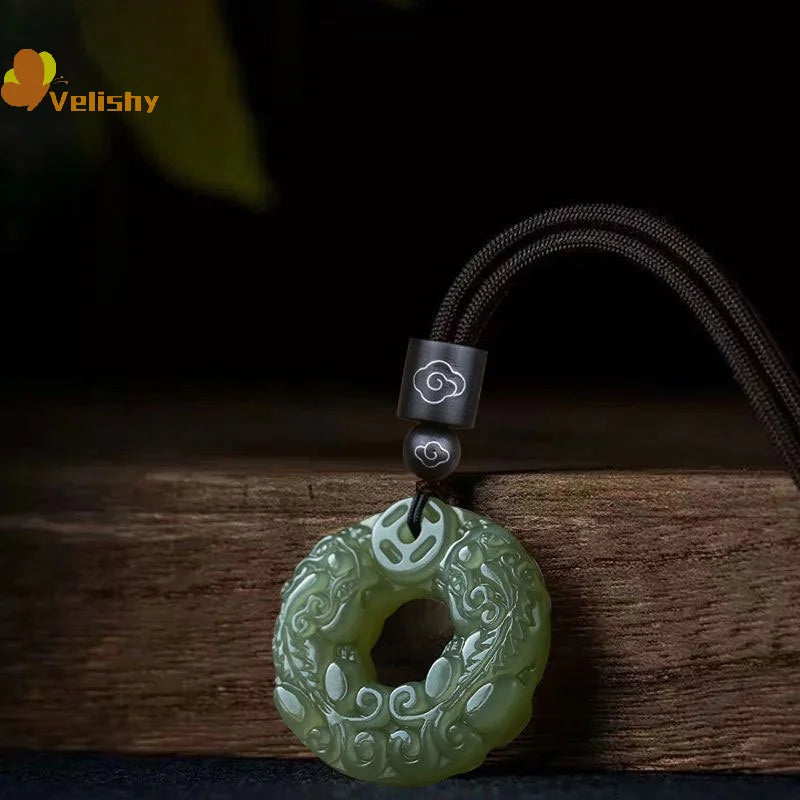 Exquisite Double-sided Carved Jade Safety Buckle Brave Troops Keyring Wealth Transfer Handcrafted Retro Carved Pendant Necklace