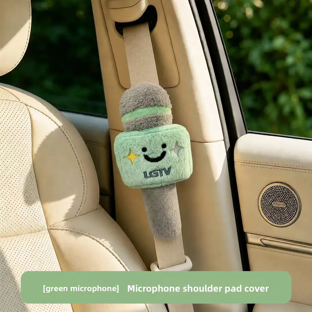 Microphone Plush Seat Belt Shoulder Pad, Cute Cartoon Doll Car Seatbelt Cover, Soft Stuffed Auto Decor Hanging Ornament
