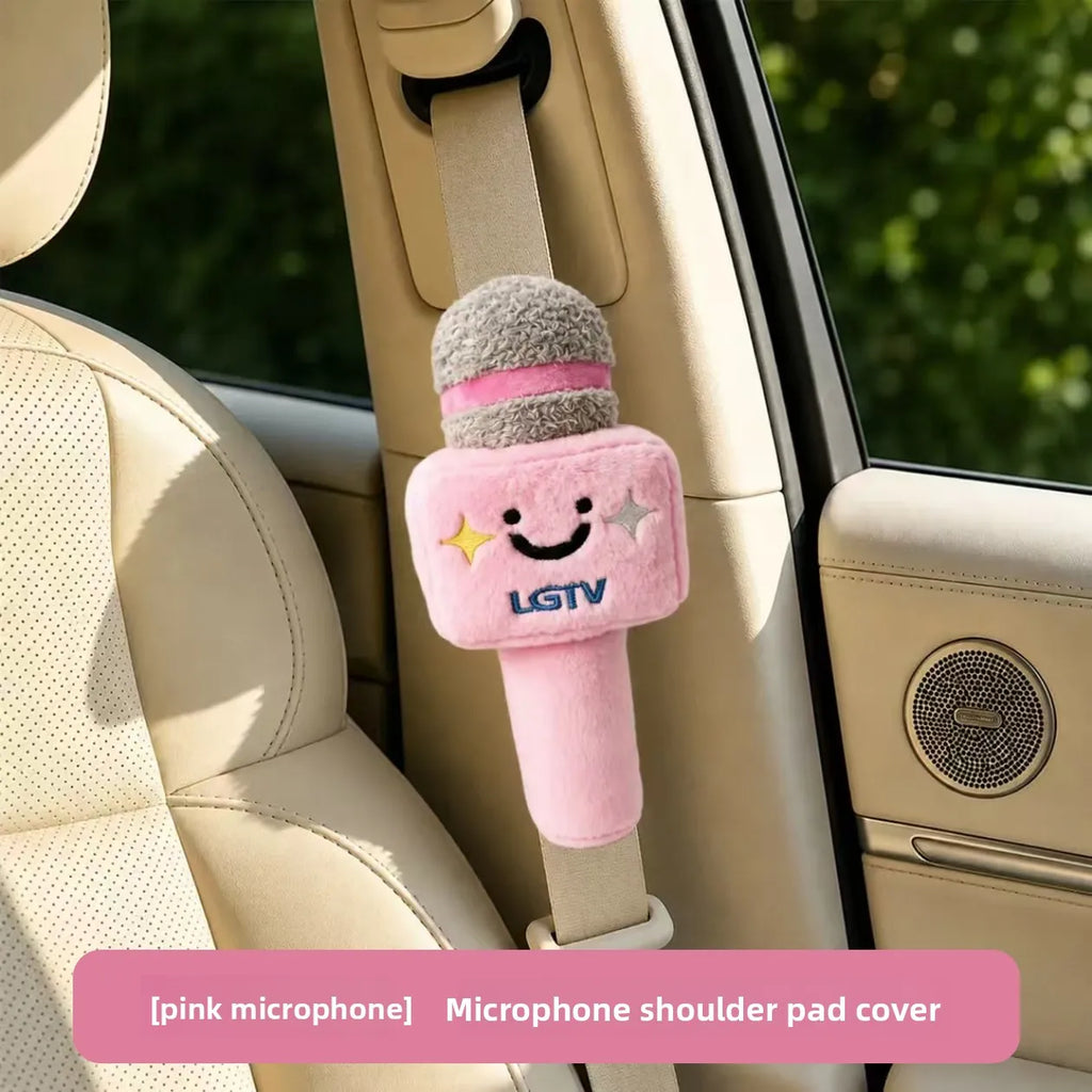 Microphone Plush Seat Belt Shoulder Pad, Cute Cartoon Doll Car Seatbelt Cover, Soft Stuffed Auto Decor Hanging Ornament