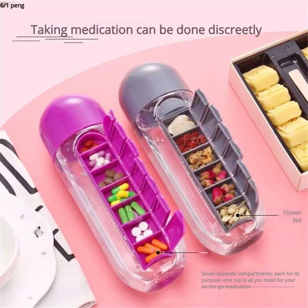 Portable 2 in 1 Medicine Box Water Cup Sports Plastic Water Bottle Combine Daily Pill Boxes Organizer Drinking Bottles