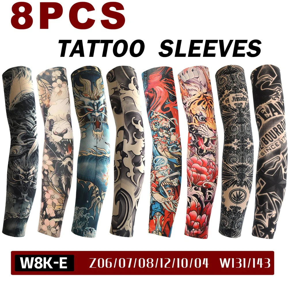 8Pcs Tattoo Sleeves Summer Men Women UV Protection Cooling Sleeves Temporary Full Arm Tattoo Sleeves Driving Fishing Arm Sleeves