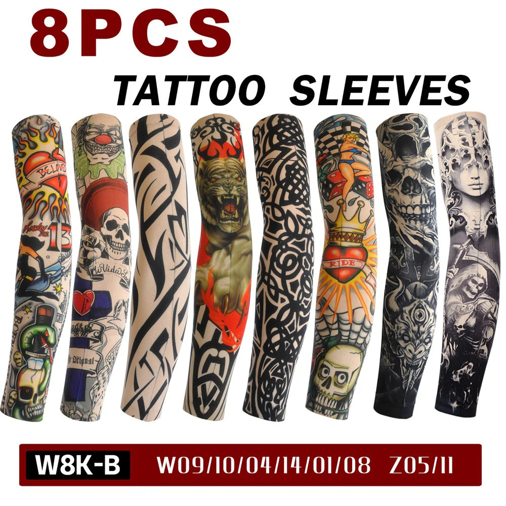 8Pcs Tattoo Sleeves Summer Men Women UV Protection Cooling Sleeves Temporary Full Arm Tattoo Sleeves Driving Fishing Arm Sleeves