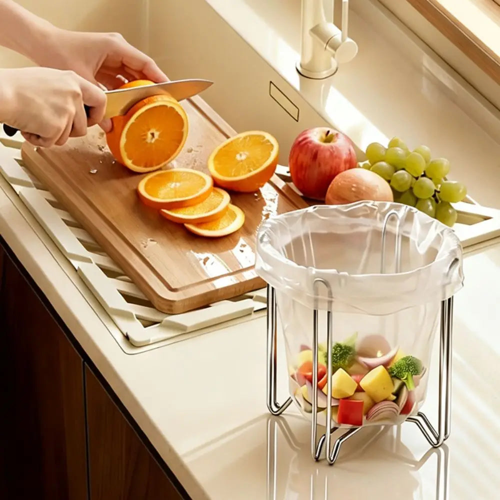 304 Stainless Steel Trash Bag Holder Foldable Portable Waste Bag Support Stand Space-saving Wide Opening Kitchen Sink Strainer