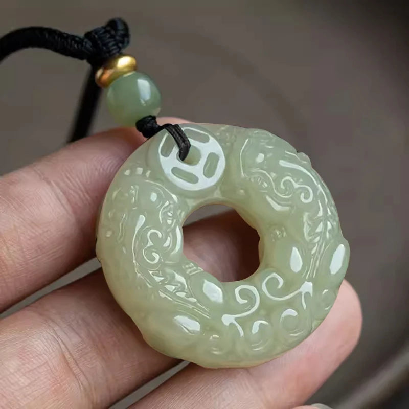 Exquisite Double-sided Carved Jade Safety Buckle Brave Troops Keyring Wealth Transfer Handcrafted Retro Carved Pendant Necklace