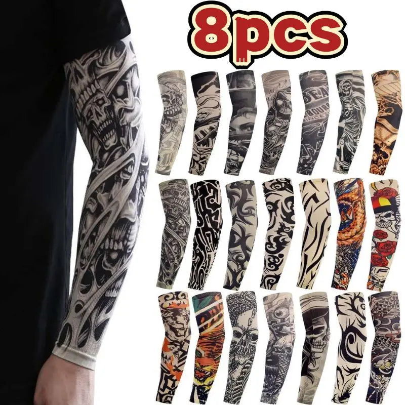 8Pcs Tattoo Sleeves Summer Men Women UV Protection Cooling Sleeves Temporary Full Arm Tattoo Sleeves Driving Fishing Arm Sleeves