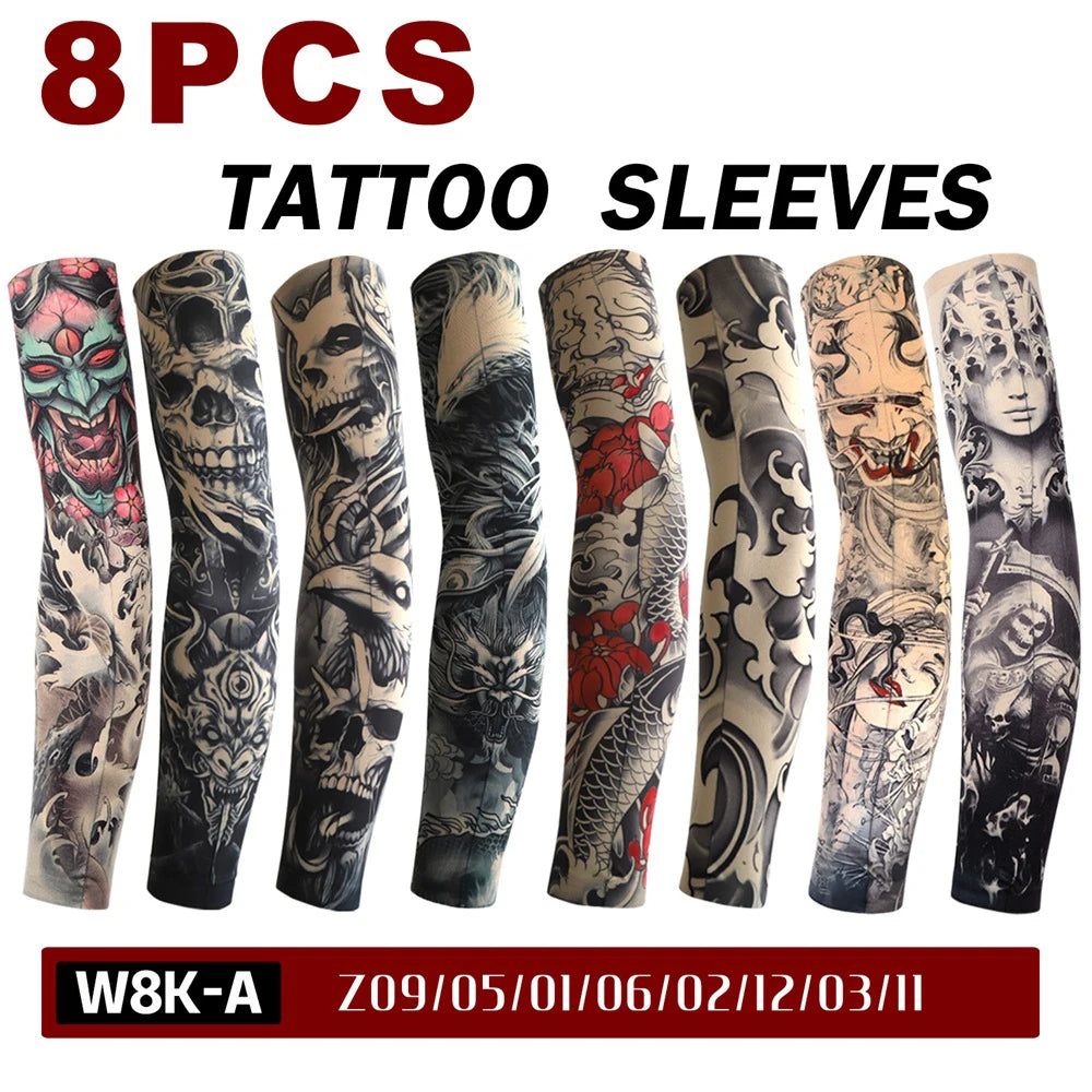 8Pcs Tattoo Sleeves Summer Men Women UV Protection Cooling Sleeves Temporary Full Arm Tattoo Sleeves Driving Fishing Arm Sleeves