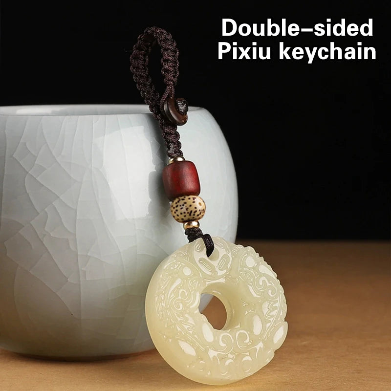 Exquisite Double-sided Carved Jade Safety Buckle Brave Troops Keyring Wealth Transfer Handcrafted Retro Carved Pendant Necklace