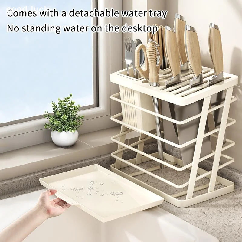 AnswerKitchen Knife And Utensil Holder With Rustproof Metal Frame Detachable Drain Tray For Home Kitchen Countertop Organizatio