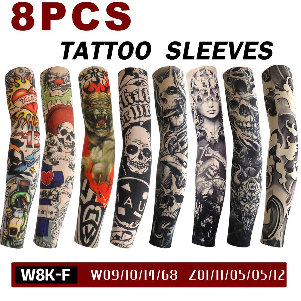 8Pcs Tattoo Sleeves Summer Men Women UV Protection Cooling Sleeves Temporary Full Arm Tattoo Sleeves Driving Fishing Arm Sleeves