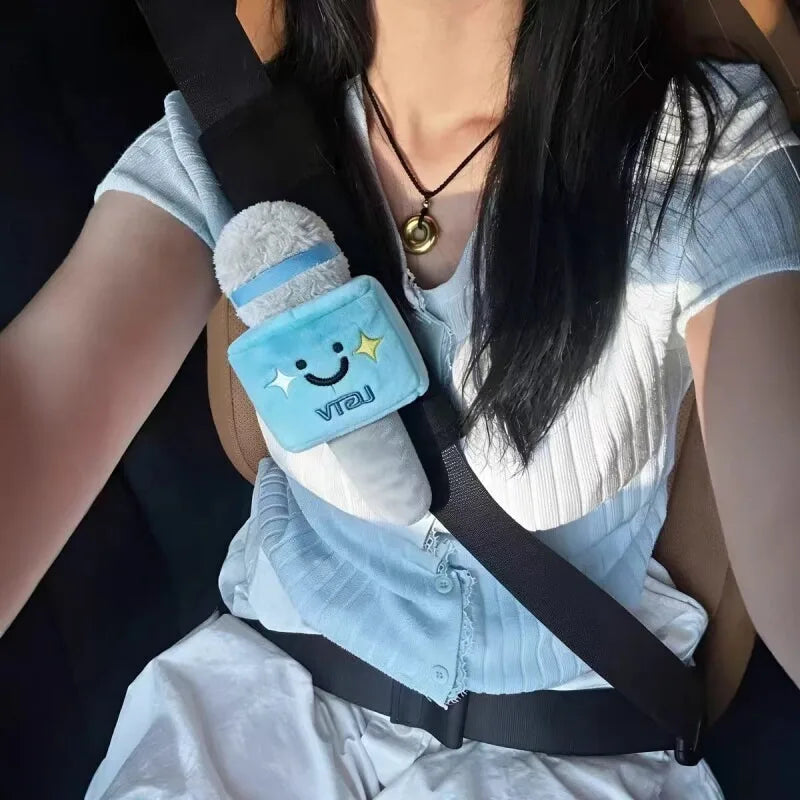 Microphone Plush Seat Belt Shoulder Pad, Cute Cartoon Doll Car Seatbelt Cover, Soft Stuffed Auto Decor Hanging Ornament
