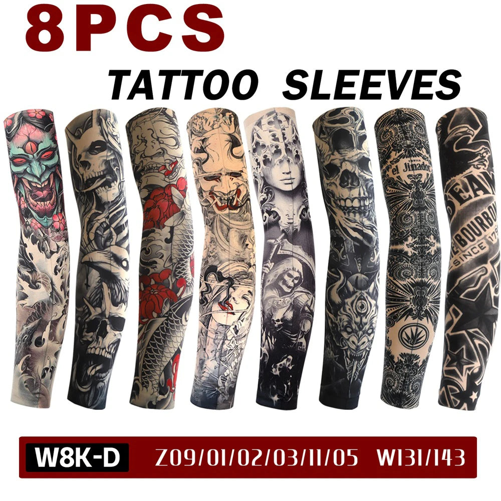8Pcs Tattoo Sleeves Summer Men Women UV Protection Cooling Sleeves Temporary Full Arm Tattoo Sleeves Driving Fishing Arm Sleeves