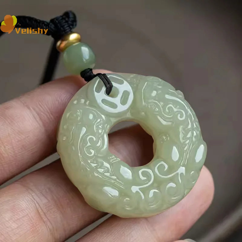 Exquisite Double-sided Carved Jade Safety Buckle Brave Troops Keyring Wealth Transfer Handcrafted Retro Carved Pendant Necklace
