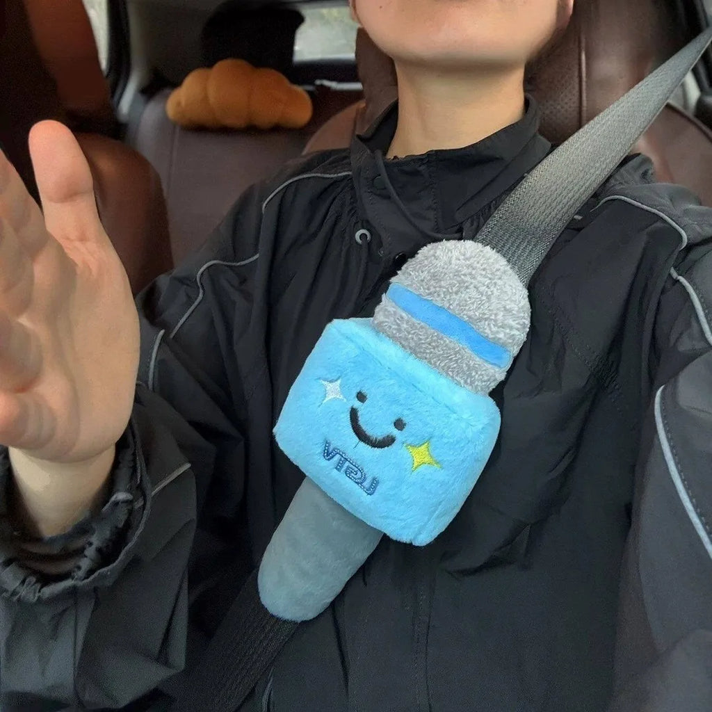 Microphone Plush Seat Belt Shoulder Pad, Cute Cartoon Doll Car Seatbelt Cover, Soft Stuffed Auto Decor Hanging Ornament