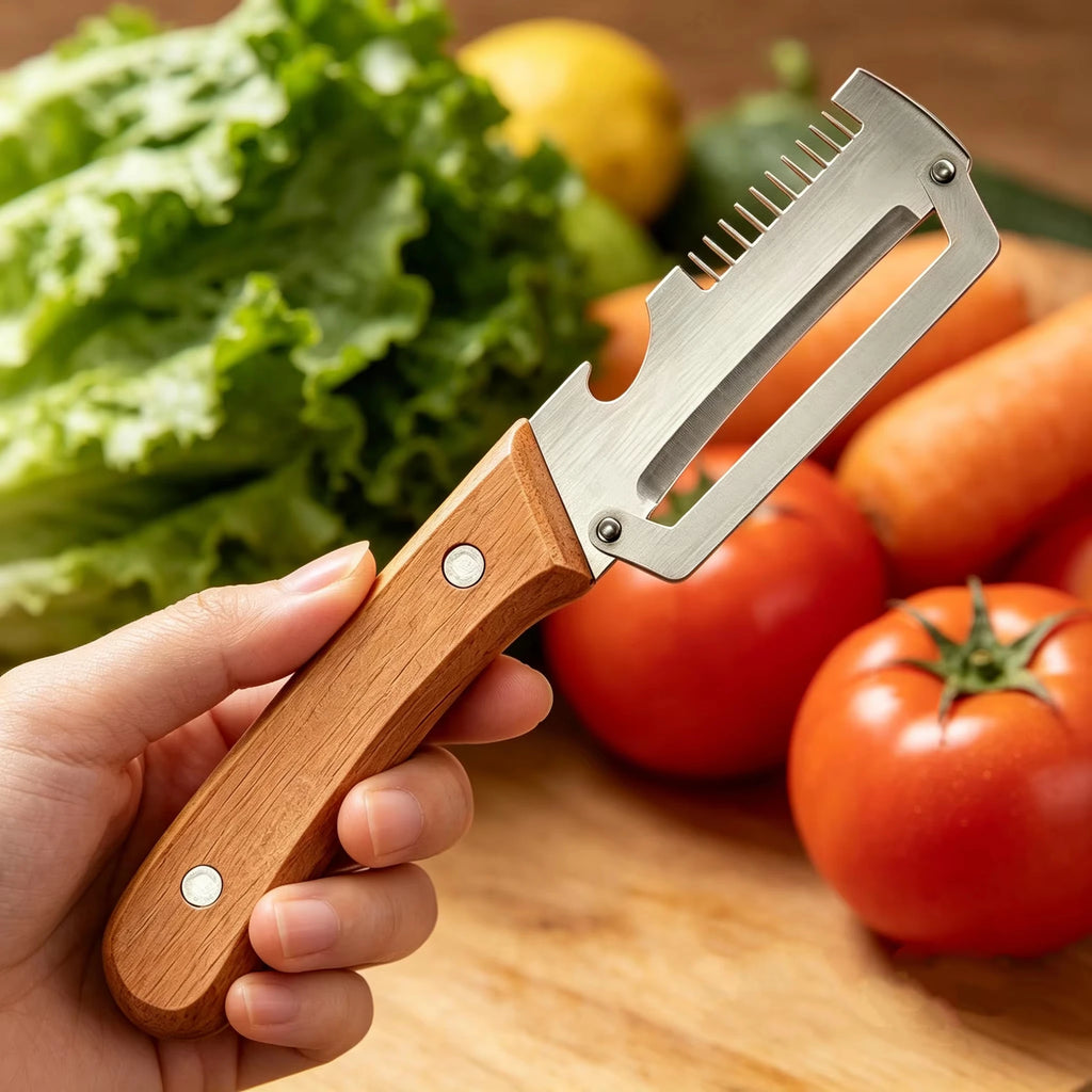 Multi-Functional Stainless Steel Peeler with Wooden Handle, Durable Smooth Kitchen Gadget for Fruits and Vegetables Peeling Slic