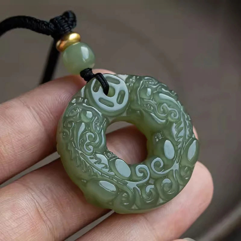 Exquisite Double-sided Carved Jade Safety Buckle Brave Troops Keyring Wealth Transfer Handcrafted Retro Carved Pendant Necklace
