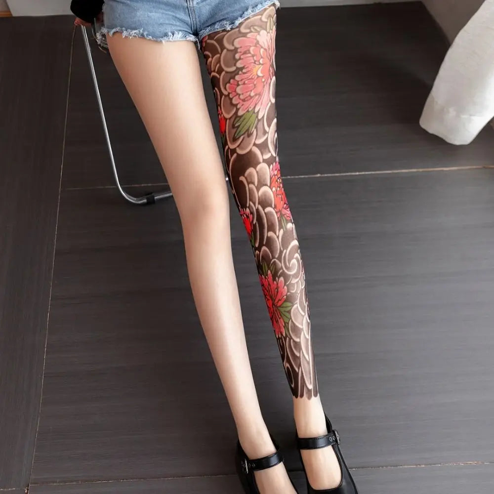 New Simulated Tattoo Single-leg Socks Sexy Perspective Tattooed Stockings Personality Mesh Single-tube Socks Unisex