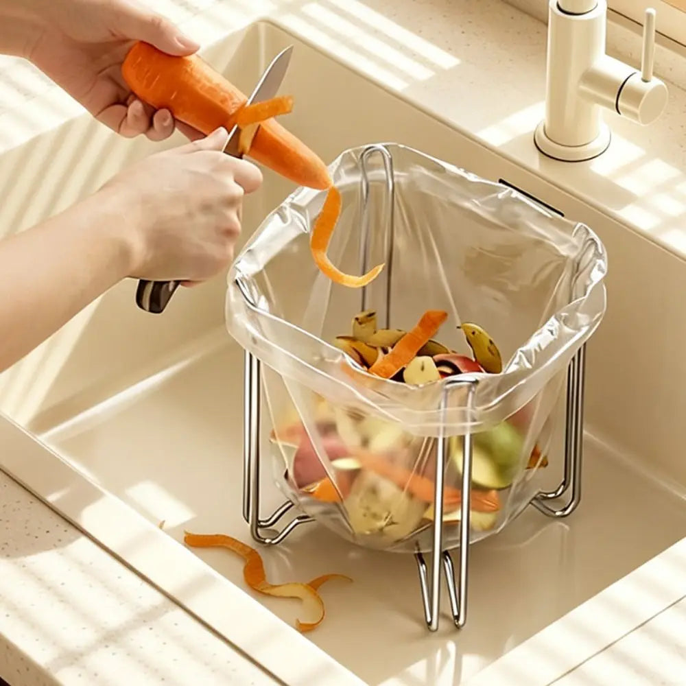 304 Stainless Steel Trash Bag Holder Foldable Portable Waste Bag Support Stand Space-saving Wide Opening Kitchen Sink Strainer